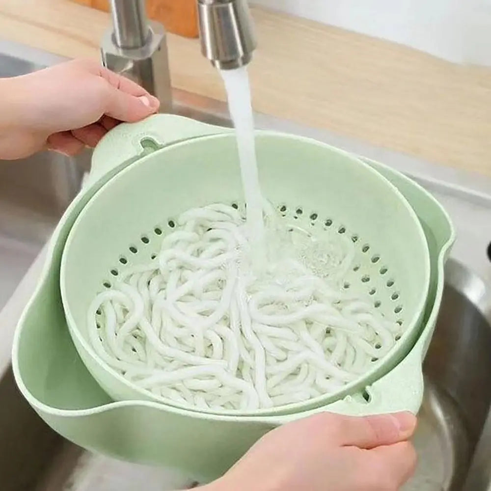 Double Layer Vegetable Drain Basket Kitchen Gadgets Green Blue Pink Sink Rotatable Drainer with Handle Rice Washing Bowl